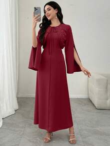 Modelyn Conjunto de 2 piezas de chaqueta corta elegante con rhinestones y vestido ajustado para mujer, primavera/verano - Burdeos - Ver 5