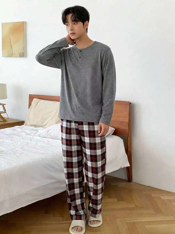Teenage Boys' Floral Print Grey Long Sleeve Pullover Top Paired With Classic Red Plaid Casual Pants, Loungewear Set Pajama Set Teen Boys Teen Boys Pajamas-Pajama Set Henley Crew Neck Long Sleeve Long Pants Red Black Plaid Pants Gray Top Four Season 2026 New Year Essential Versatile And Comfortable Warm And Cute Style