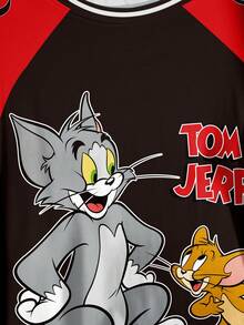 TOM & JERRY X SHEIN Plus Size Letter & Cartoon Graphic Color Block Round Neck Short Sleeve T-Shirt - White - View 4