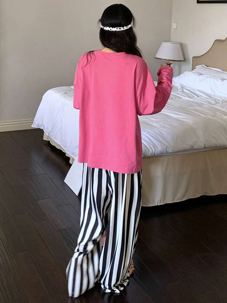 2pcs Women Loose Fit Cartoon Print Long Sleeve T-Shirt And Striped Pants Pajama Set