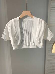 SHEIN EZwear Solid Color Summer Casual Short Sleeve Knitted Cardigan - White - View 3