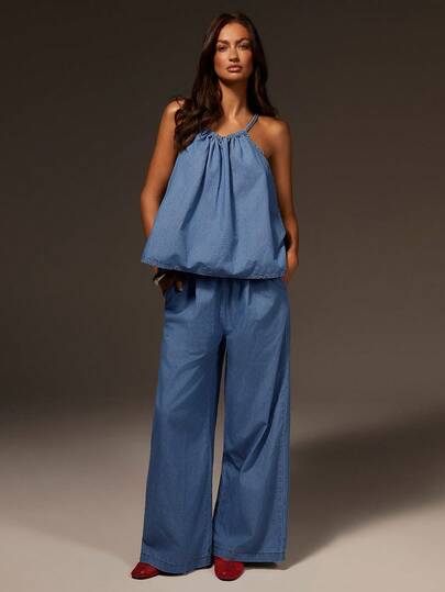 Athîral 女士休闲露背吊带上衣和牛仔裤套装，夏季