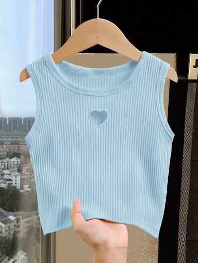 Genkimix Girls Hollow Heart Embroidered Casual Sleeveless Top, Comfortable Versatile Solid Color Tank