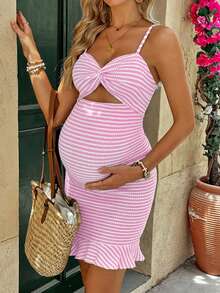 SHEIN Maternity Vacation Striped Twist Cutout Sexy Fashion Spaghetti Strap Dress Sexy Maternity Dress Pink Curve Dress Summer Sexy Dress Babyshower Dress Baby Shower Dress Pink - Baby Pink - View 3