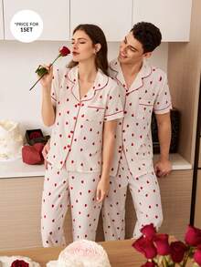 SHEIN 2pcs Men's Homewear Set With Heart Pattern Collar Valentine's Day Pajamas Men's Pajamas Couple Pajamas - White - View 4