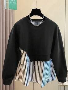 Resyla Women's Casual Striped Patchwork Sweatshirt, Autumn/Winter - Black - View 3