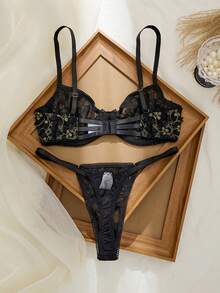 Seduluxe Bộ 2 áo ngực và quần lót nâng ngực thêu tối màu cổ điển dành cho nữ, dây đeo có thể điều chỉnh - màu đen - Xem 2