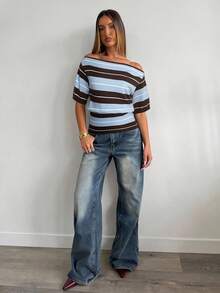 Aloruh Damski sweter wiosenny w kontrastowym kolorze, w paski w kolorze brązowym i niebieskim, z krótkim rękawem, luźną górą i dopasowanym dołem - Wielokolorowe - Zobacz 3