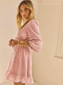 Aralina Lace Insert Long Sleeve Button Up Ruffle Hem Elegant Mini Shift Shirt Dress - Dusty Pink - View 3