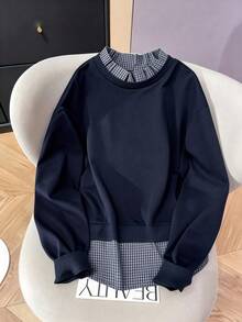 GlowEve CURVE 大码卫衣，舒适时尚的拼接设计，休闲优雅，适合日常穿着，显瘦亲肤。 - 藏蓝色 - 查看 1