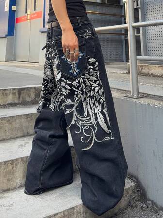 Herren Jeans mit bestickter Tasche, weite Passform und weitem Bein