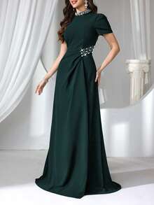 Coutiva 女士珍珠装饰短袖正式晚礼服（装饰繁复） - 墨綠色 - 查看 3