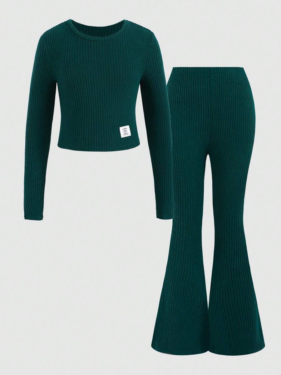 SHEIN 2pcs Tween Girls Casual Set: Loose Fit Stand Collar T-Shirt And Flare Pants - Green - View 1