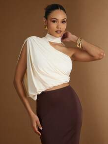 Hauture Áo nữ gợi cảm lệch vai, xếp ly, khoét eo - Màu be - Xem 3