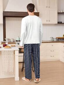 SHEIN Contrast Plaid Crew Neck Long Sleeve & Long Pants Men's Casual Pajama Set