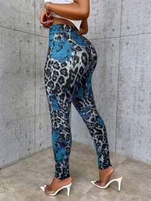 SHEIN BamGlam Rose Leopard Print Versatile Fashionable Sexy Digital Print Comfortable Leggings For Women, Suitable For Home, Street, Party Fall Cloth For Women