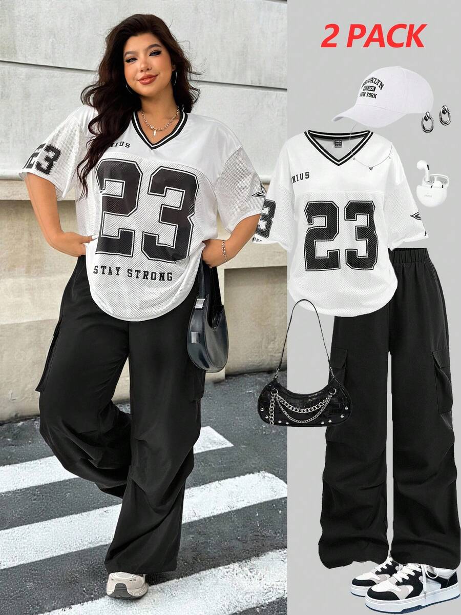 2pcs Women's Plus Size Letter Print V-Neck Drop Shoulder Short Sleeve T-Shirt And Pant Set, Casual,Streetwear,Y2K,Graphic Tees And Baggy Pants,2 Peice Summer Outfits Women,2000s Style,School,Vintage,Grunge,White And Black,Back To School - Black and White - View 1
