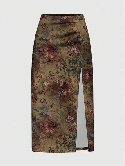 Fairycore Hippie Boho Paisley Cashew Flower Ruched High Slit Skirt For Women