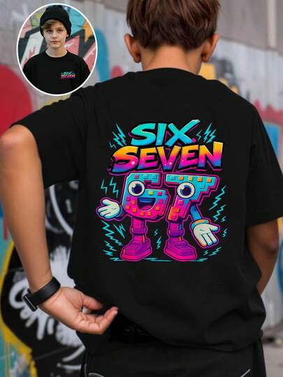 Tween Boys Casual Kreativ Personlig Uppfriskande Minimalistisk Seriefigur, Gradient Nummer 67, Blixt, Bokstav Slogan Grafiskt Tryck Enkel Kortärmad T-shirt, Bekväm Vardagskläder, Mysiga Sommar- & Höststilar Lämplig För Pojkar