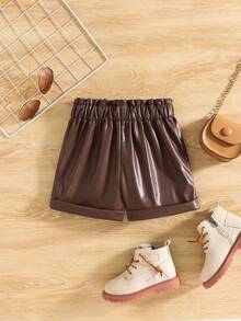 SHEIN Shorts décontractés taille haute à volants en PU pour filles, polyvalents pour l'été, les activités extérieures et toutes les occasions, classiques et polyvalents - Tabac - Voir 2