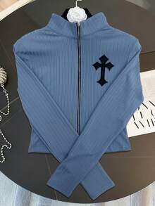 Resyla Women's Cross Embroidery Zip Front Cardigan And Drawstring Waist Pants Casual Suit - Blue - View 4