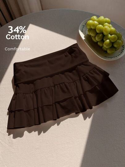Comfortcana Casual Solid Color Low Waist Ruffle Hem Skirt Shorts