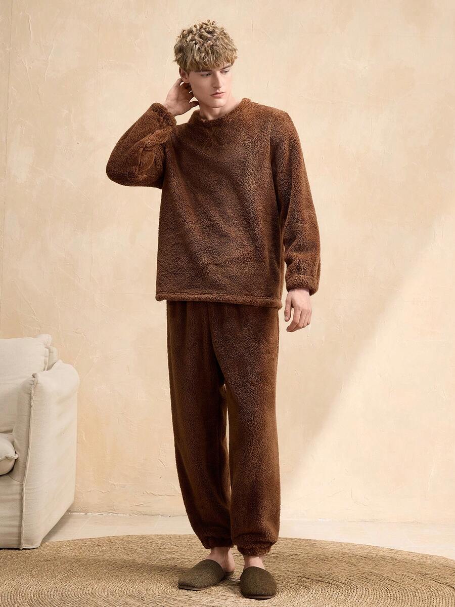 EverLounge 男士保暖内衣套装,长袖上衣和长裤,秋冬季 - 棕色 - 查看 1