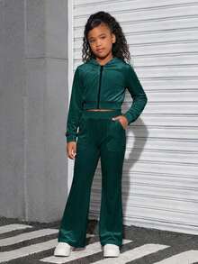 SHEIN Tween Girls' Velvet Hoodie & Sweatpants Set, Casual Sportswear - Green - View 5
