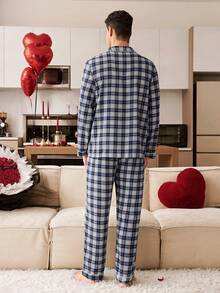CoupledUp Blue & White Plaid Print Men's Casual Long Sleeve Pajama Set With Collar Matching Couple Pajama Set Button Up Pajamas Plaid Pajama Set - Blue and White - View 2