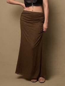Freevana Plus Size Women Waist Ruched Fishtail Skirt Boho Lace  Brown Skirt  Elegant - Coffee Brown - View 6