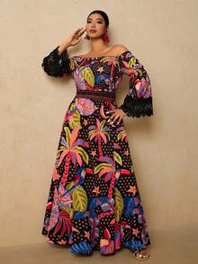 Travachic 大码女式棕榈树印花露肩长袖侧开衩下摆时尚连衣裙 - 黑色 - 查看 4