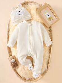 SHEIN 秋季婴儿，新生儿米色熊印花连帽拉链连脚连体衣，休闲可爱婴儿服装套装 - 杏色 - 查看 1