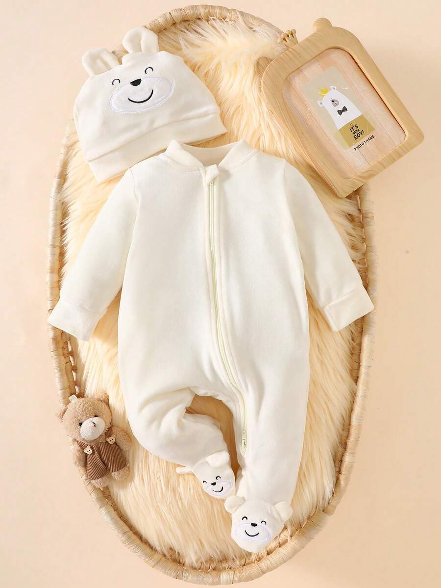 SHEIN 秋季婴儿，新生儿米色熊印花连帽拉链连脚连体衣，休闲可爱婴儿服装套装 - 杏色 - 查看 1