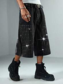 ROMWE MEN Street Life Men's Fashion Rhinestone Letter Denim Shorts - Black - View 1