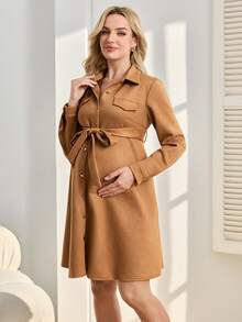 SHEIN Vestido camisero de manga larga de unicolor y estilo elegante para maternidad - Marrón - Ver 3