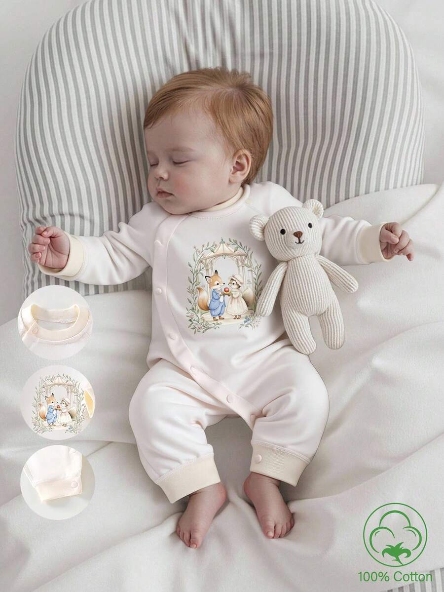 SHEIN Tutina casual a maniche lunghe per neonato maschio, autunno/inverno, stampa di una coppia di volpi che tengono una mela rossa in un giardino in attesa di un bambino, per Natale e San Valentino, elegante outfit da festa, stile vacanziero vintage, adatto per esterno, casa, festa - Beige - Visualizzare 1