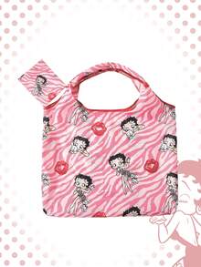 Betty Boop | ROMWE Large Capacity Foldable Tote Bag With Coin Pouch, Portable Shopping Bag, Gym Bag - Pink - View 3