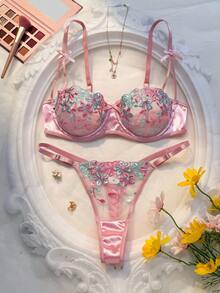 2pcs/Set Romantic Floral Embroidery Sexy Lingerie Set For Women Valentine's Floral Lingerie Set Pink Lingerie Set Underwire Lingerie Set Moo Moo Satin Lingerie Set Gaine