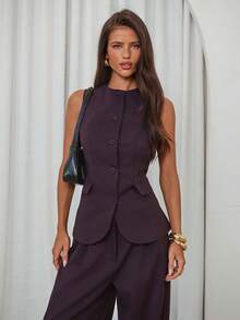 Aloruh Bộ vest và quần màu tím đậm dành cho nữ, trang phục công sở 2 mảnh màu trơn. - Màu đỏ tím - Xem 6