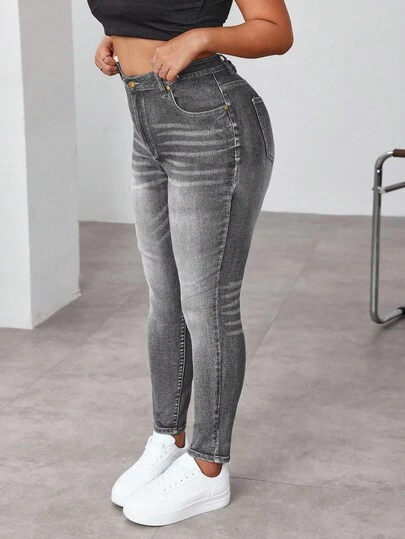 Rivivi Plus Size Distressed Washed Slim Fit Jeans Women High Waist Jeans Grey Skinny Jeans Jeans Skinny Jeans Curve