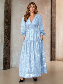 Roveilla 大码优雅法式提花V领褶皱连衣裙，派对装 - 藍色 - 查看 3