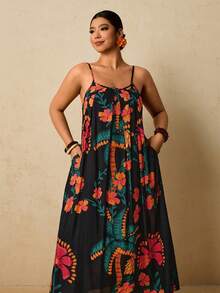 Travachic 大码女式黑色热带花卉印花连衣裙，无袖宽松版型，带口袋 - 黑色 - 查看 8