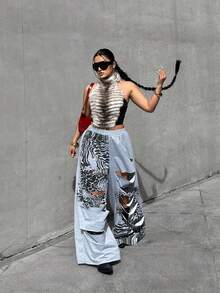 POPSWAY Plus Size Women's New Leopard Print Distressed Loose Punk Y2K Casual Sweatpants, Elastic Waist Sports Pants, Suitable For Spring And Autumn, Daily Wear - Grey - View 6