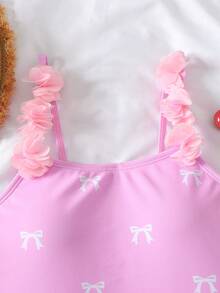SHEIN Tween Girl Tween Girls 1-Piece Swimsuit With Bow Decor And 3D Floral Embellishment - Pink - View 2