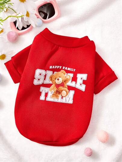 PETSIN 1 Pc Brown Teddy Bear White Letter Printed Pet Red Casual Style Autumn And Winter Thick Warm Pet Clothes