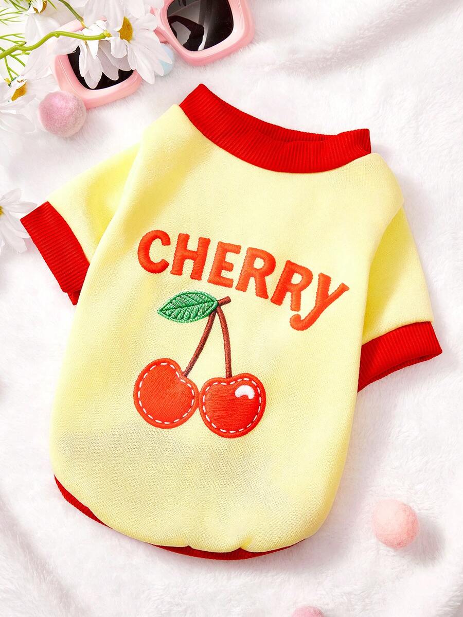 PETSIN 1件红色樱桃字母印花宠物黄色拼接黑色休闲风格秋冬加厚保暖宠物服装 - 彩色 - 查看 1