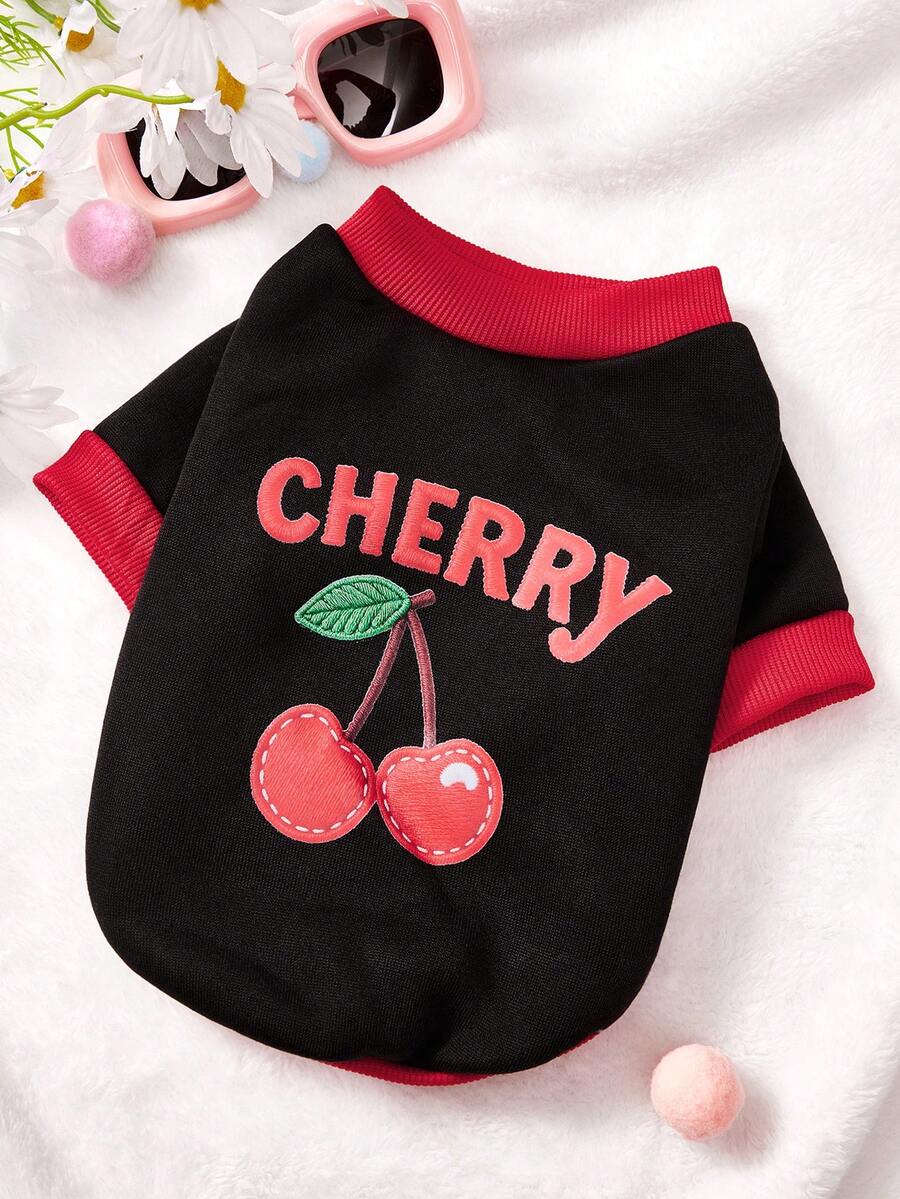 PETSIN 1 Pc Red Cherry Letter Printed Pet With Red Patchwork Black Casual Style Autumn And Winter Thick Warm Pet Clothes - Multicolor - View 1
