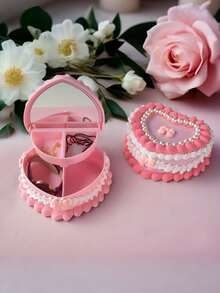 Joivida 1个心形饰品收纳盒，带镜子和抽屉 - 逼真的草莓奶油蛋糕设计，粉白相间的塑料桌面收纳盒，适用于项链、耳环、发带等 - 情人节、母亲节礼物（无需电源），珠宝礼盒，浪漫唯美装饰品 - 彩色 - 查看 12