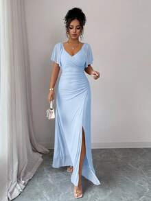 Elenzga Women's Light Purple V-Neck Ruffle Sleeve Pleated Waist Split Dress, Elegant Bridesmaid Dress, Party Gown, Spring/Summer - Blue - View 3