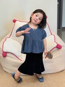 DAZY Toddler Girls' Round Neck Casual Ruffle Hem Washed Loose Short Sleeve Denim